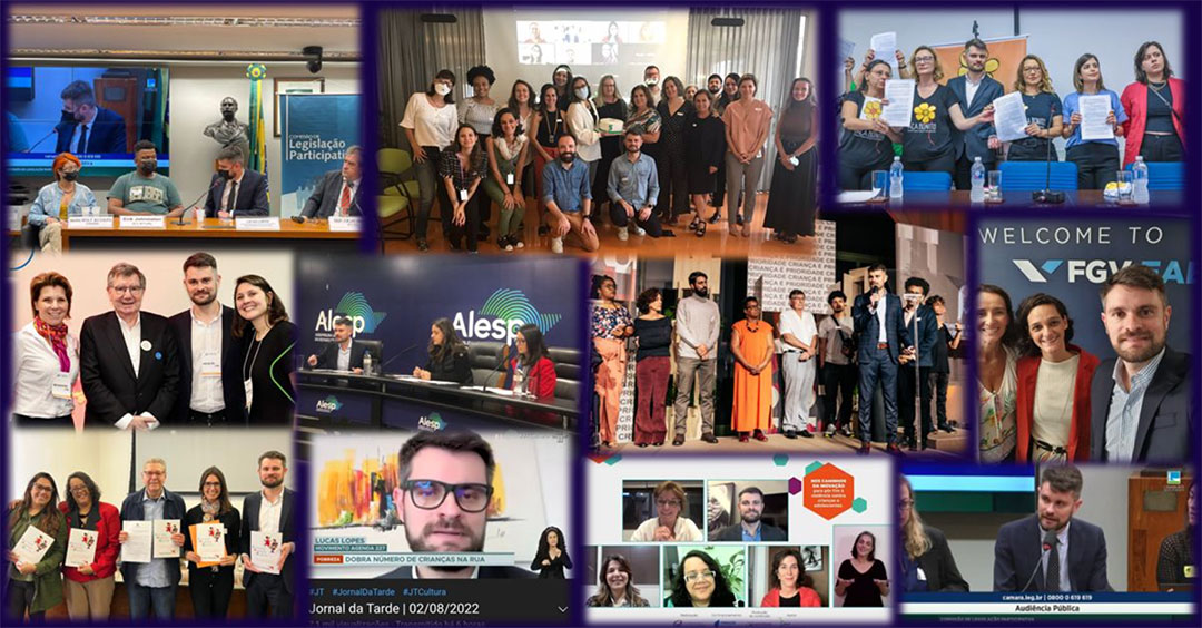 Mosaico de fotos de encontros, reuniões, lives e audiências envolvendo representantes da Coalizão Brasileira pelo Fim da Violência contra Crianças e Adolescentes.