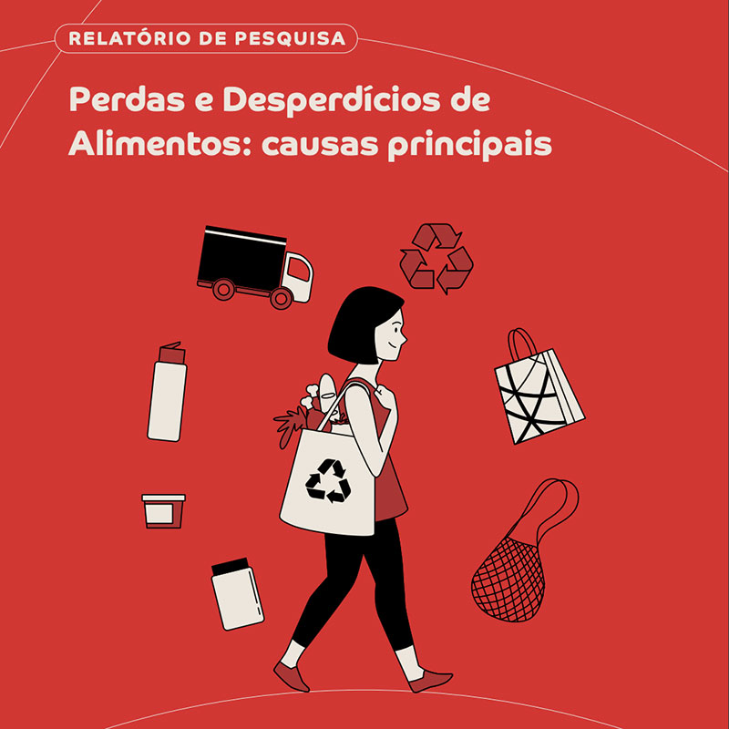 Capa do relatório de pesquisa. Ela tem fundo vermelho e, ao centro, o desenho de uma mulher de cabelo preto, curto, com camiseta regata vermelha, calça preta e sapatos vermelhos. Ela caminha de perfil, tendo aos ombros uma sacola com o símbolo da reciclagem. Ao redor dela há vários ícones (caminhão, sacola, bolsa, potes, garrafa...). Na parte de cima da capa, em letras brancas, está o título do relatório: Perdas e desperdícios de alimentos: causas principais.