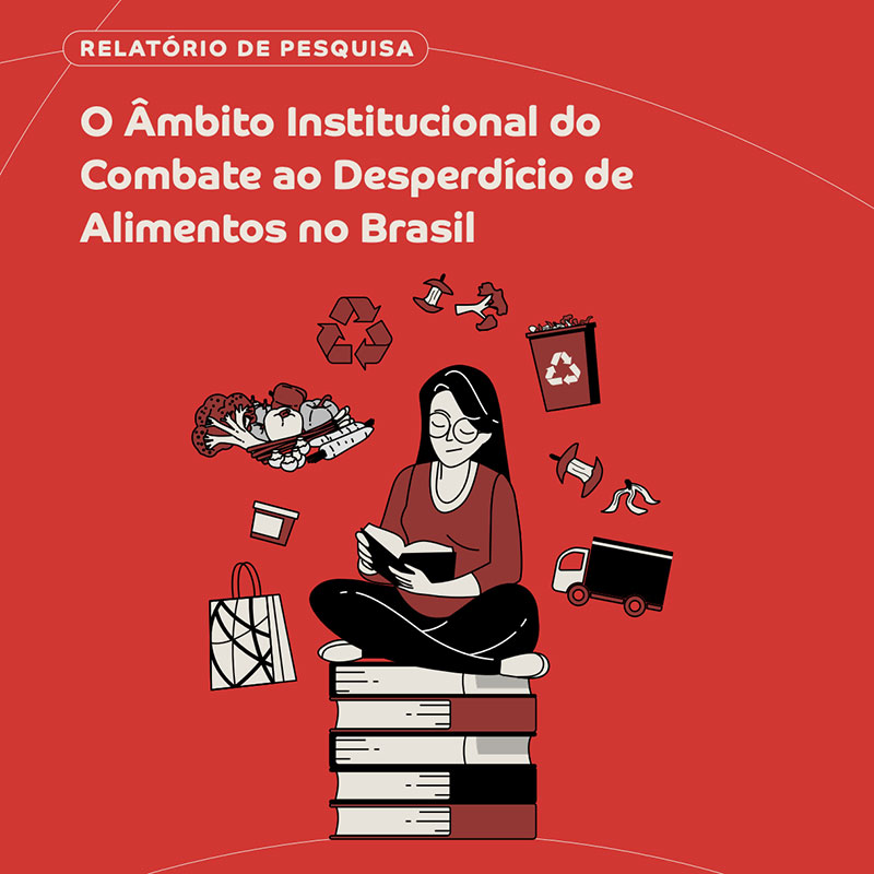 Capa do outro relatório, com os mesmos tons da capa anterior. Ao centro, há uma mulher sentada sobre uma pilha de grandes livros. Ela usa óculos e está lendo um livro de capa preta. Ao redor dela há vários ícones: sacola, pote, símbolo de reciclagem, casca de banana, caminhão, legumes... Na parte de cima da capa, em letras brancas, está o título do relatório: O âmbito institucional do combate ao desperdício de alimentos no Brasil.