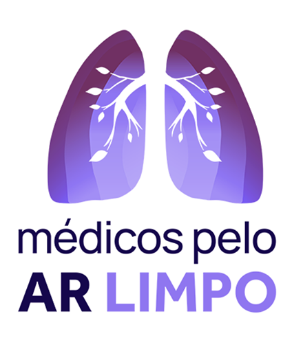 Logotipo do projeto: um desenho de pulmão em que os brônquios e as ramificações têm formato de galho de árvore. Abaixo do desenho, está escrito: Médicos pelo Ar limpo