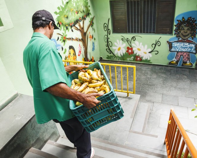 Conjunto de fotos mostra três etapas do projeto: Um triciclo/bicicleta com engradado de comida na bagagem, um homem descendo uma escada com um engradado de bananas nas mãos e uma travessa de comida com arroz, laranja, legumes e purê.