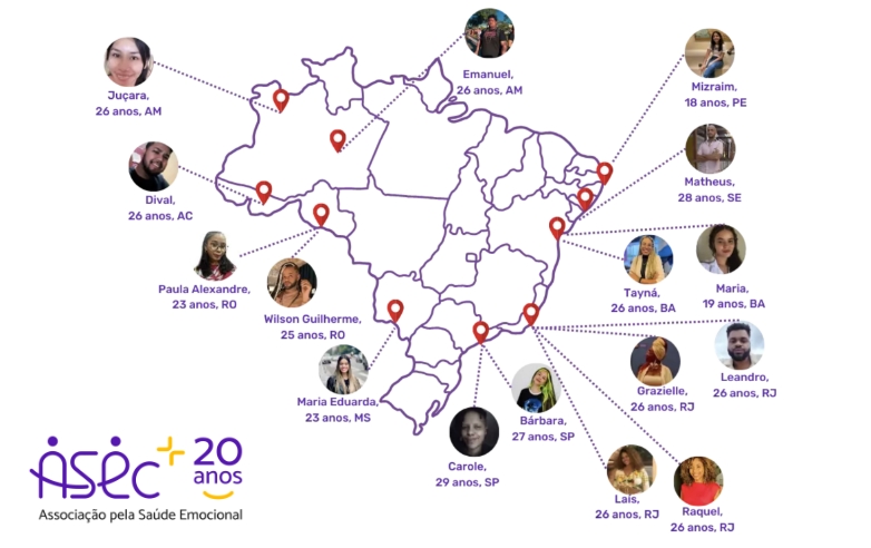 Desenho do mapa do Brasil sobre um fundo branco. De vários pontos do mapa saem linhas que ligam esses pontos a fotos de jovens participantes do projeto Embaixadores em Saúde Mental