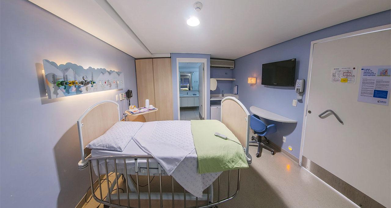 Foto de um quarto de hospital, com uma cama ampla ao centro. A parede esquerda, num tom azul claro, tem um grande enfeite horizontal com motivos infantis