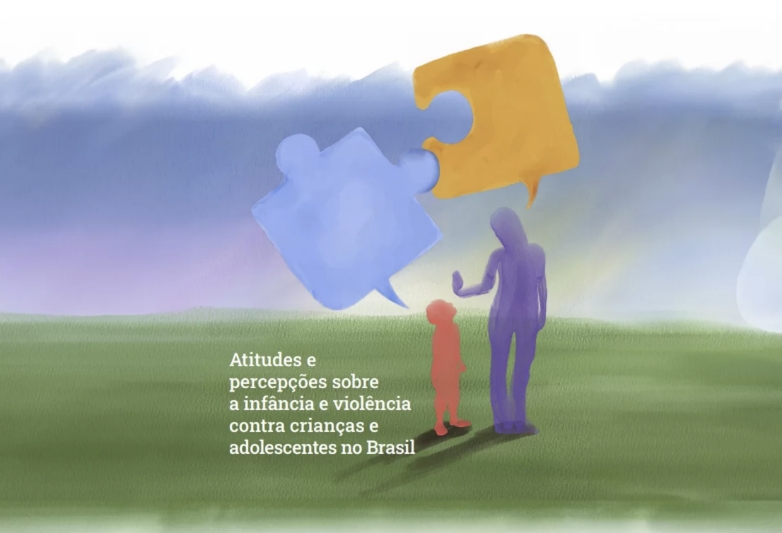 Capa da publicação "Atitudes e percepções sobre a infância e violência contra crianças e adolescentes no Brasil". A capa é toda coberta por uma ilustração que mostra a figura de uma criança e a de um adulto. O adulto está com a palma da mão voltada para a criança