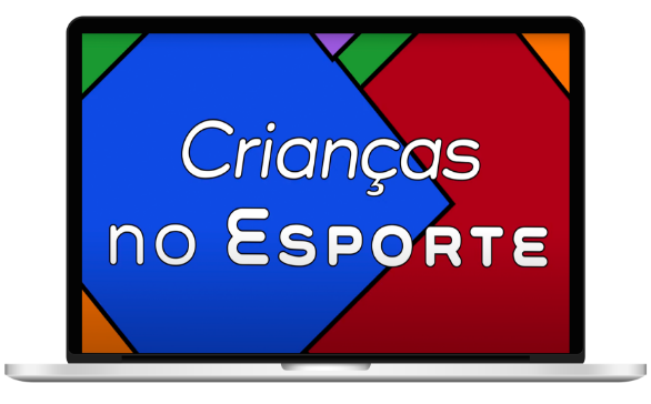  Tela de um computador com um fundo colorido e os dizeres: Crianças no Esporte