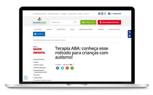 Tela de computador com a página do blog Saúde Infantil e o título: Terapia ABA: conheça esse método para crianças com autismo