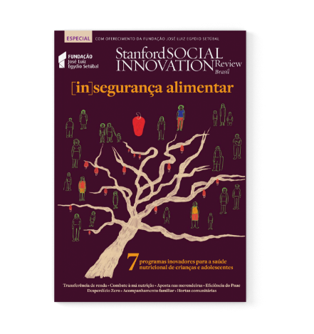 capa da revista Stanford Innovation Review. A capa tem fundo marrom, com título em amarelo: [in]segurança alimentar. Abaixo do título há a ilustração de um cajueiro. Próximo aos galhos e aos frutos há pequenos desenhos de homens, mulheres e crianças